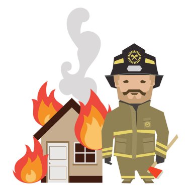Illustration, a house on fire and smoke and a fireman. Print, clip art, poster