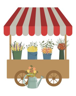 Bahar illüstrasyonu, sokak çiçeği satışı, renkli tasarım, baskı, klipsleme sanatı, vektör