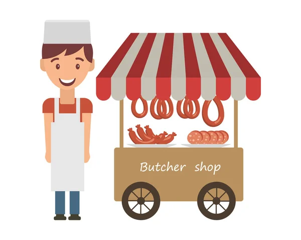 Illustration Street Seller Meat Meat Products Cart Striped Awning Print — стоковый вектор