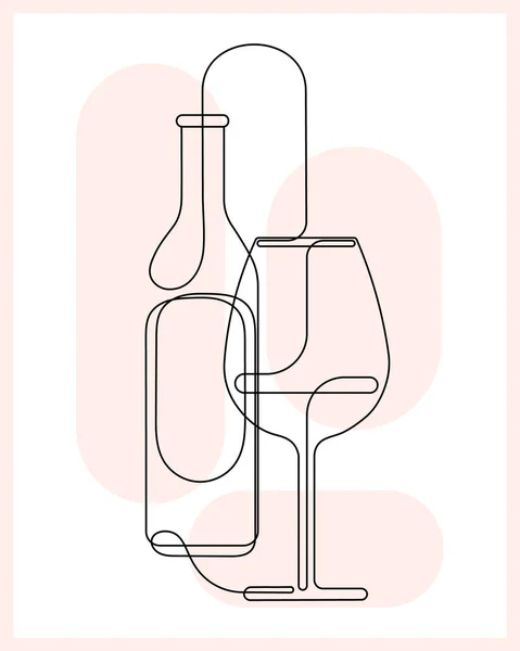 Illustration Bottle Glass Wine Abstract Stains Line Art One Line — Stock Vector