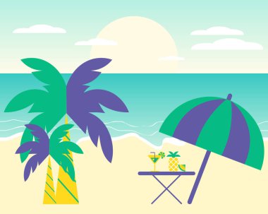 Deniz burnu, plaj şemsiyesi, kokteyl, arka planda palmiye ağaçlı ananas. Clip sanatı, baskı, poster