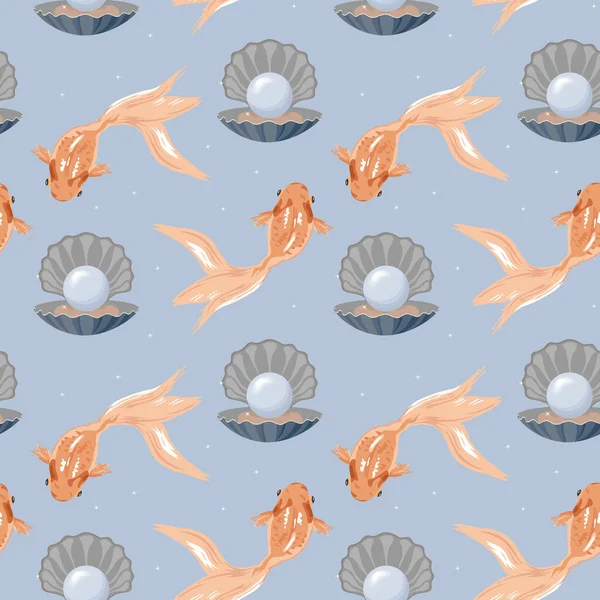 Naadloos Patroon Schattige Gouden Vis Witte Parels Schelpen Een Blauwe — Stockvector