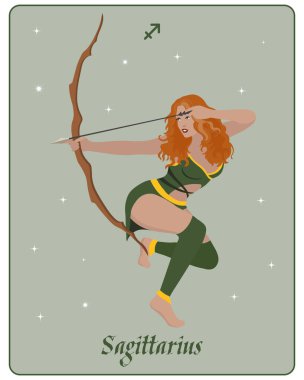 Astrological zodiac sign Sagittarius, a beautiful magical woman with a bow and arrow on a gentle background with stars. Poster, clip art, tarot