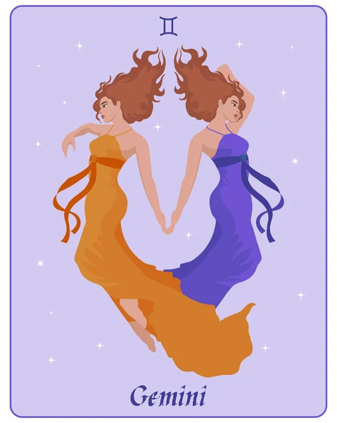Astrological Zodiac Sign Gemini Two Beautiful Magical Women Colorful Dresses — Stock Vector