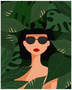 İllüstrasyon, güneş gözlüklü güzel bir kadın tropikal yaprakların arka planında. Poster, baskı, düz illüstrasyon