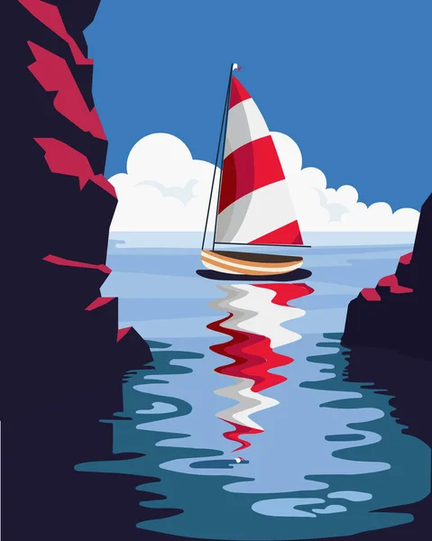 Seascape Yacht Red White Sail Sea Rocks Poster Print Colorful — Stock vektor