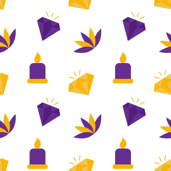 Seamless Pattern Magic Symbols Candles Crystals White Background Violet Yellow — Vetor de Stock