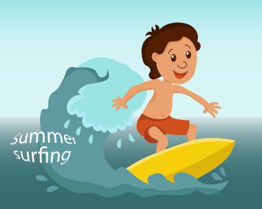 Summer illustration, a cheerful surfer on a wave against the backdrop of a sea landscape. Clip art, print, poster, vector
