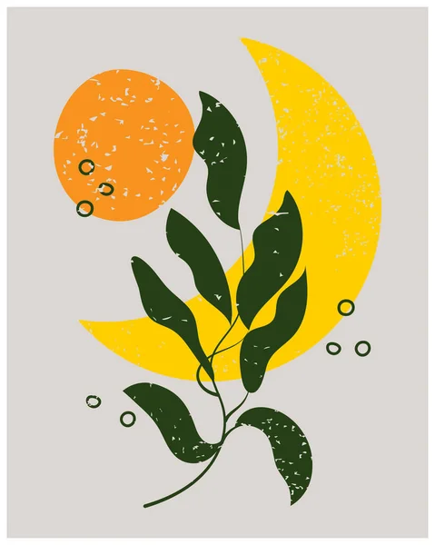 Vintage Poster Boho Style Branch Leaves Background Sun Moon Illustration — Stockový vektor