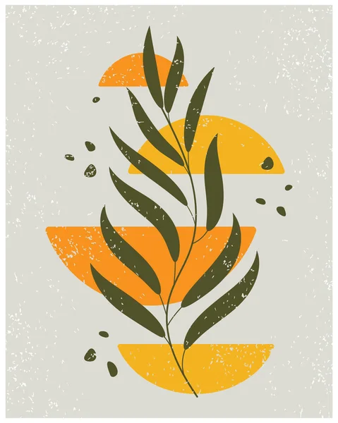 Vintage Poster Boho Style Branch Leaves Halves Sun Moon Illustration — Stock Vector