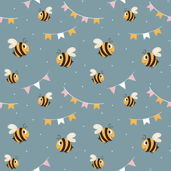 Seamless Pattern Funny Bees Garlands Flags Blue Background Children Holiday — Vetor de Stock
