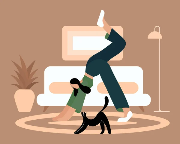 Illustration Modern Girl Cat Engaged Yoga Gymnastics Home Beige Green — Stockvector