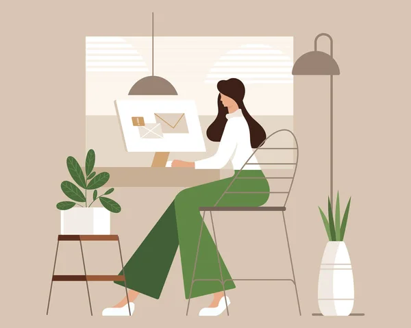 Illustration Modern Girl Freelancer Working Computer Home Home Office Concept — Stock Vector