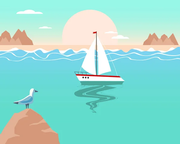 Summer Illustration Seascape White Yacht Seagull Mountains Sunset Sunrise Pastel — Image vectorielle