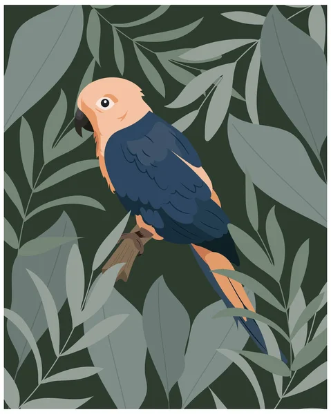 Illustration Drawn Pink Blue Parrot Tropical Leaves Green Background Print — Vector de stock