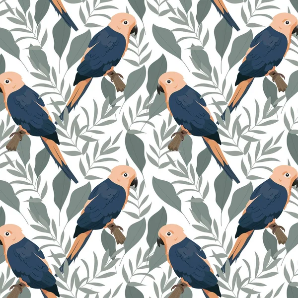 Seamless Pattern Painted Pink Blue Parrots Tropical Leaves White Background — Vector de stock