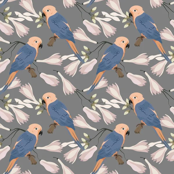 Seamless Pattern Painted Pink Blue Parrots Delicate Magnolia Flowers Gray — Vector de stock