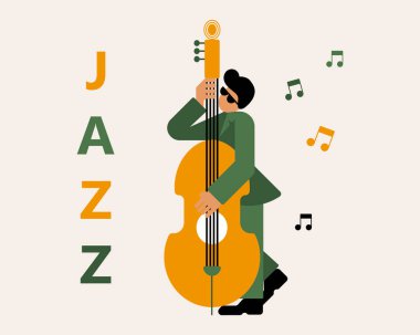 Düz çizim, çift baslı müzisyen notalar ve metin Jazz, yeşil ve sarı moda tasarımı. Yazdırma, klipsleme, müzik konserleri için poster.