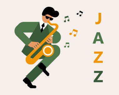 Düz çizim, saksafonlu müzisyen notalar ve metin Jazz, yeşil ve sarı moda tasarımı. Yazdırma, klipsleme, müzik konserleri için poster.
