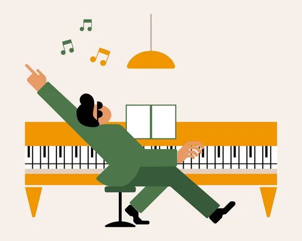 Ilustración Plana Músico Tocando Piano Notas Diseño Moda Verde Amarillo — Archivo Imágenes Vectoriales