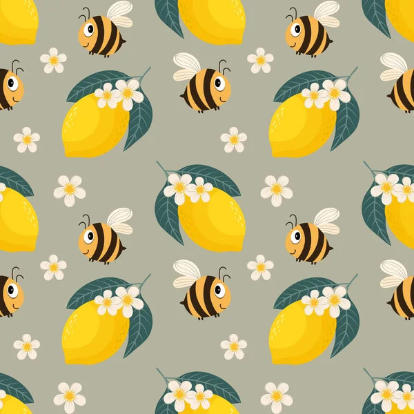 Kusursuz Desen Şirin Eğlenceli Meşgul Arılar Bej Arka Planda Beyaz — Stok Vektör