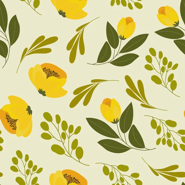 Бесшовный Узор Желтые Полевые Цветы Маки Веточки Листьями Светло Зеленом — стоковый вектор