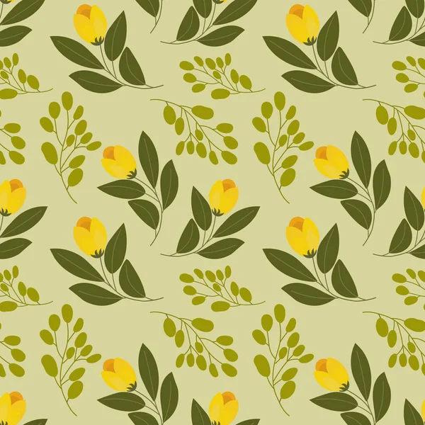 Бесшовный Узор Желтые Дикие Цветы Веточки Листьями Светло Зеленом Фоне — стоковый вектор