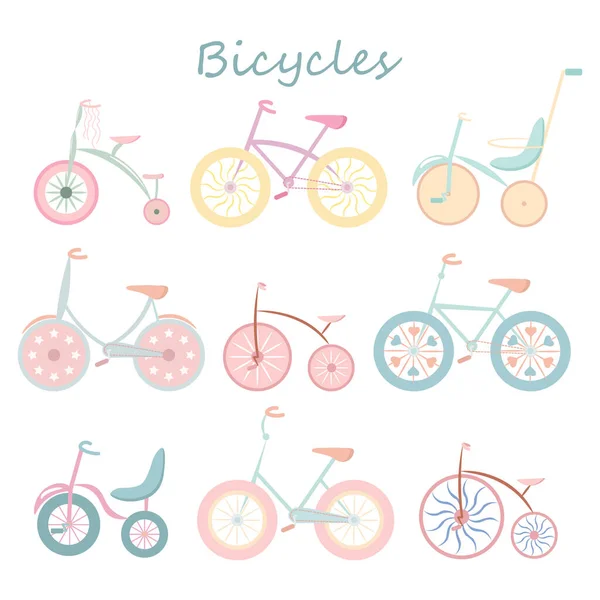 Ensemble Vélos Modernes Vintage Dessinés Couleurs Pastel Doodle Illustration Impression — Image vectorielle