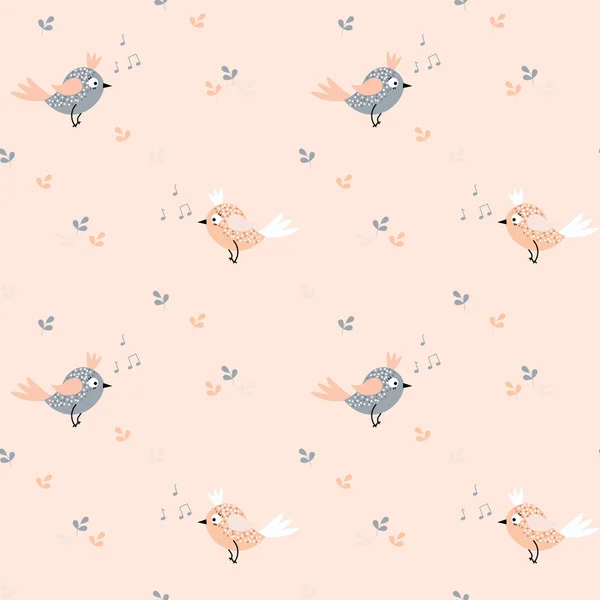 Seamless Pattern Cute Gray Pink Birds Leaves Delicate Pink Background — Stock Vector