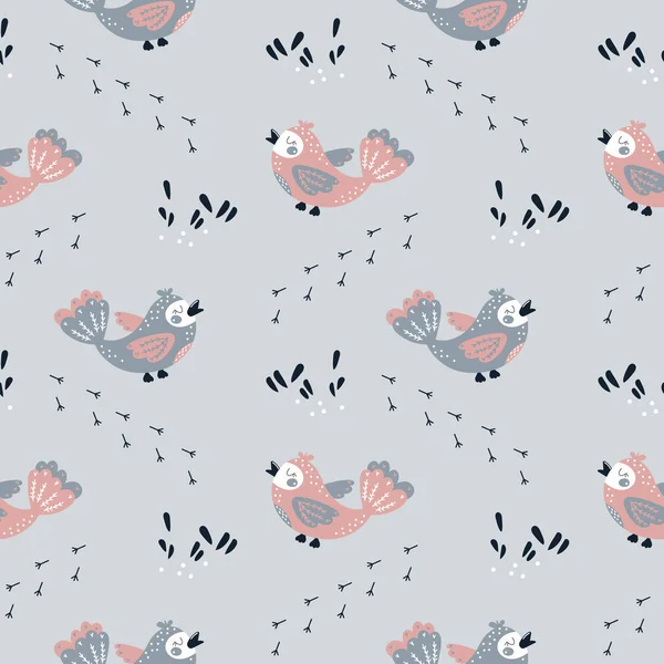 Seamless Pattern Cute Gray Pink Birds Paw Prints Leaves Gray — Stock Vector