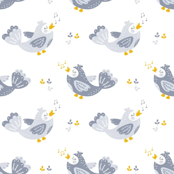 Seamless Pattern Cute Gray Yellow Birds Music Notes Leaves White — Stock Vector