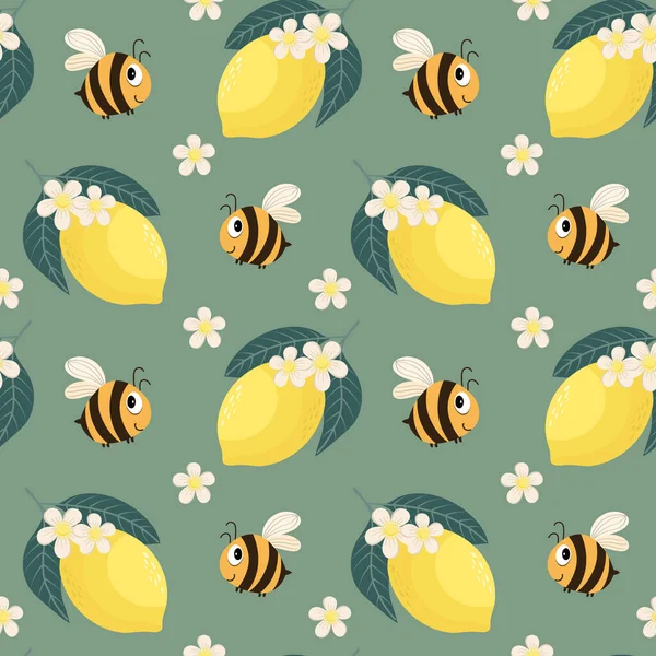 Seamless Pattern Cute Funny Busy Bees Lemons White Flowers Green — Stock Vector