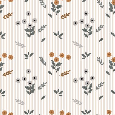 Kusursuz desen, ince çizgili arka planda yaprakları olan küçük gri ve kahverengi çiçekler. Yazdırma, tekstil, arkaplan, duvar kağıdı.