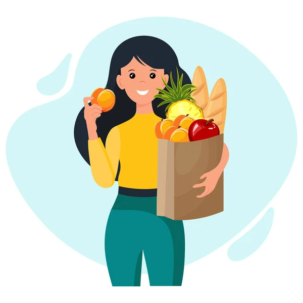 Illustration Cute Woman Package Groceries Healthy Food Concept Clip Art — Stock Vector