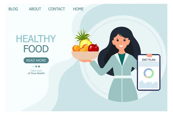 Illustration Une Nutritionniste Féminine Avec Une Assiette Fruits Plan Régime — Image vectorielle