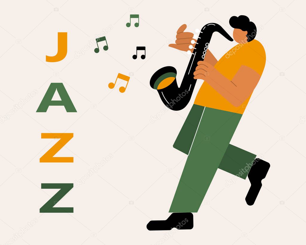 Musical illustration, jazzman with saxophone and Jazz text, green and yellow colors. Illustration for music concerts, jazz evenings, poster
