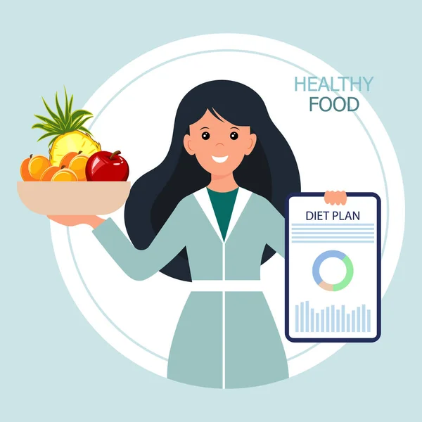 Ilustración Una Nutricionista Femenina Con Frutas Plato Plan Dieta Concepto — Vector de stock