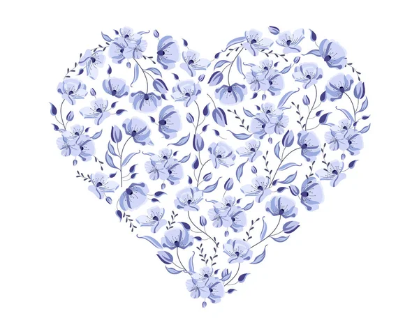 Corazón Delicadas Flores Azules Pintadas Con Hojas Brotes Ilustración Diseño — Vector de stock