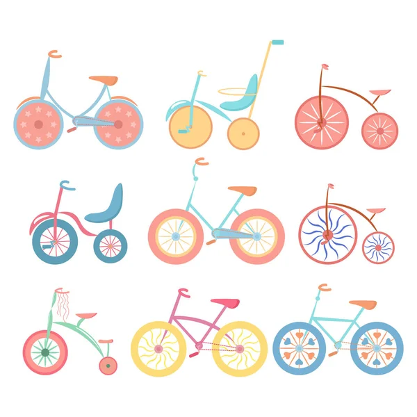 Ensemble Vélos Modernes Vintage Dessinés Couleurs Pastel Doodle Illustration Impression — Image vectorielle