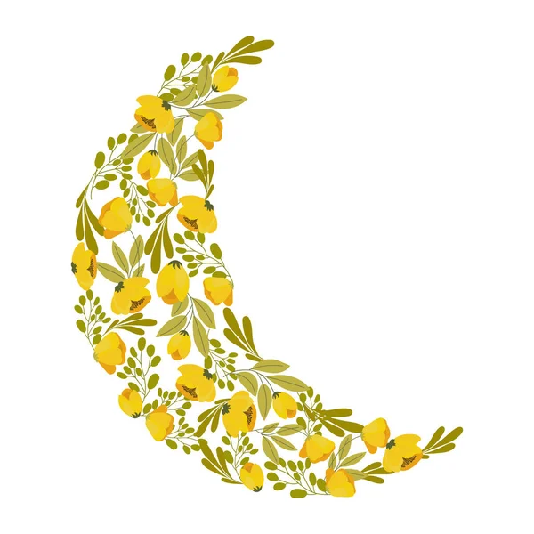 Księżyc Malowanych Żółtych Kwiatów Liści Białym Tle Ilustracja Sztuka Klipu — Wektor stockowy