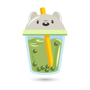 Çocuk meyve kokteyli, tüp ve şirin bir kutup ayısı şeklinde bir şapka. Simge, karalama çizimi, yazdırma