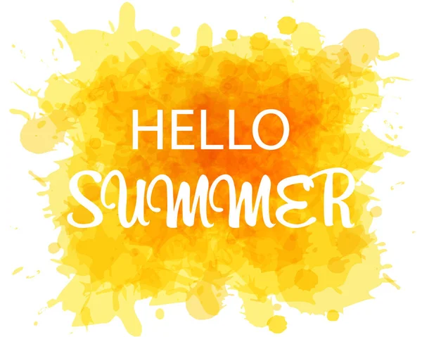 Иллюстрация Текст Hello Summer Yellow Watercolor Background Lettering Печать Праздничный — стоковый вектор