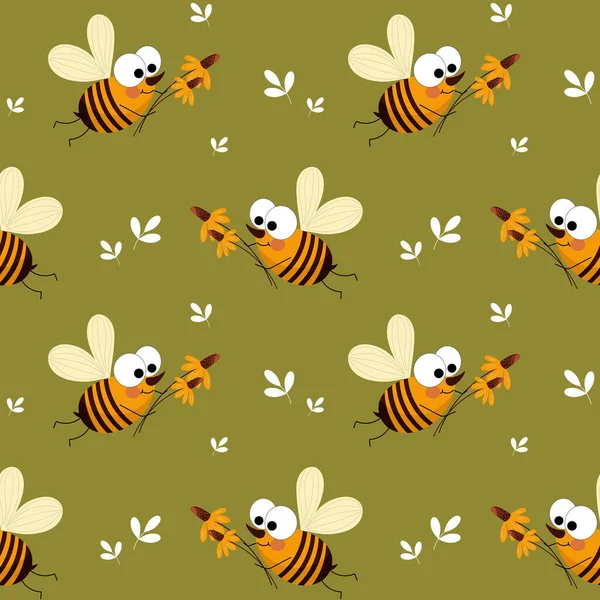 Seamless Pattern Cute Cartoon Bees Bouquets Yellow Daisies Green Background — Stock Vector