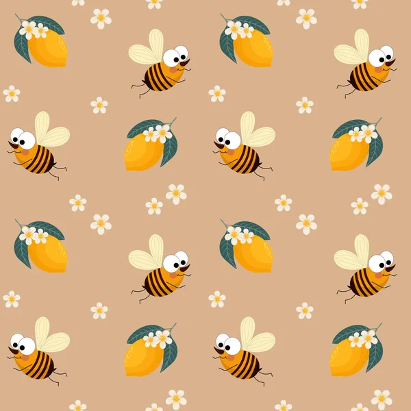 Безшовний Візерунок Милі Мультяшні Бджоли Лимони Білі Маленькі Квіти Зеленому — стоковий вектор