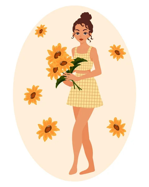 手にひまわりの花束を持つ遊び心のあるスカートの少女 夏のイラスト クリップアート プリント ポストカード — ストックベクタ