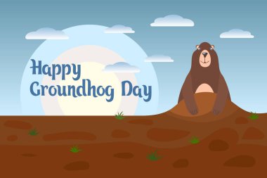 Dağ Sıçanı Günü tatil illüstrasyonu, manzaranın arka planında metinli şirin bir dağ sıçanı. Kartpostal, poster, baskı