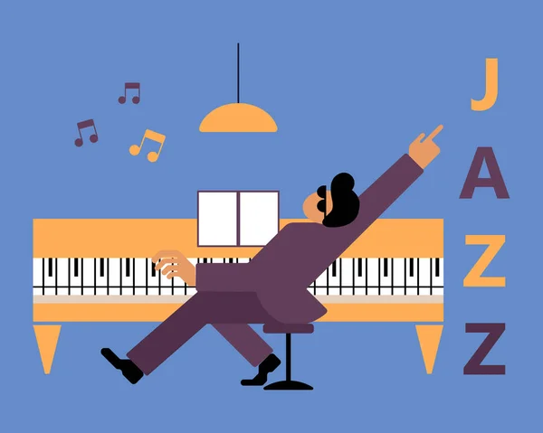 Ilustración Jazzman Con Piano Notas Musicales Texto Jazz Diseño Azul — Vector de stock
