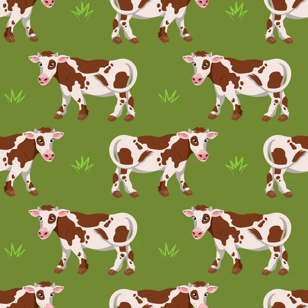 Patrón Sin Costuras Vacas Manchadas Lindas Sobre Fondo Verde Con — Vector de stock