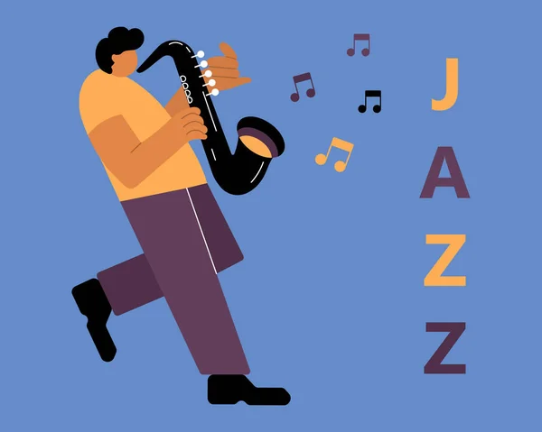 Illustration Jazzman Saxophone Musical Notes Jazz Text Blue Yellow Design — Stock Vector