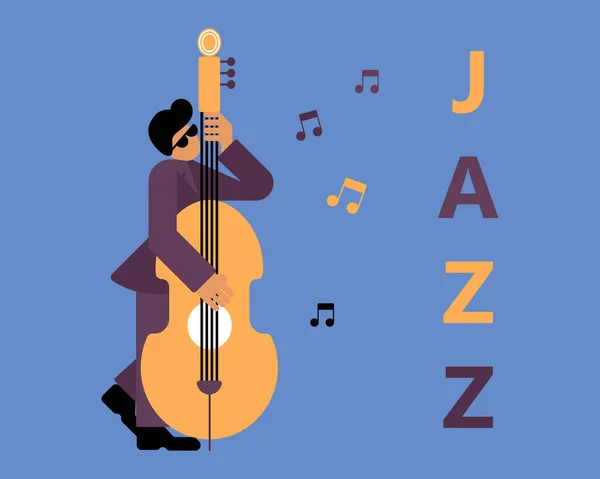 Ilustración Jazzman Con Contrabajo Notas Musicales Texto Jazz Diseño Azul — Vector de stock